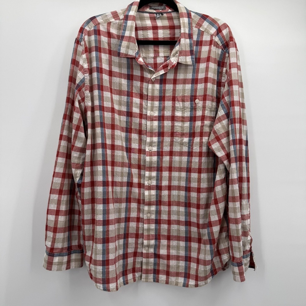 Toad&Co Shirt Mens XL Red Plaid Button Up Long Sleeve Organic Cotton‎ Casual